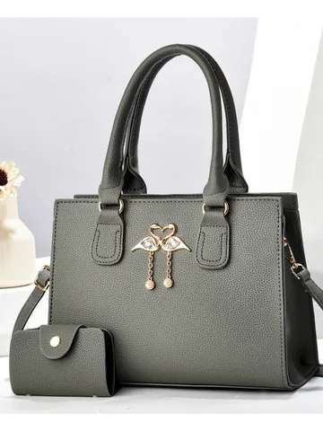 Fashion PU Leather Lychee Pattern Tote Bag Set With Swan Decor Rhinestone Artificial Pearl Tassel Large Capacity Shoulder Bag Wallet