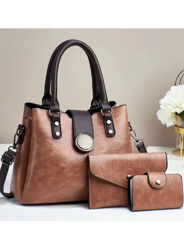 Women's Retro PU Leather Tote Shoulder Bag Wallet And Card Holder Large Capacity Fashion Handbag Commuting Office Travel