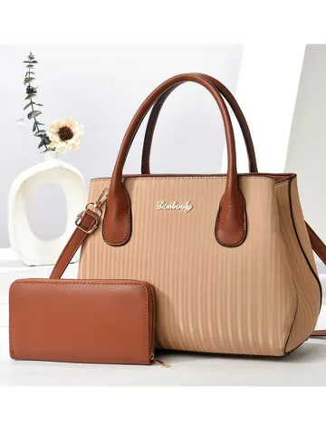 Women Striped PU Leather Tote Bag And Long Wallet Set Contrast Color Large Capacity Shoulder Crossbody Bag Handbag