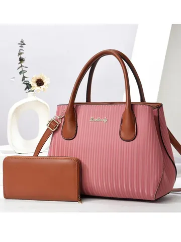 Women Striped PU Leather Tote Bag And Long Wallet Set Contrast Color Large Capacity Shoulder Crossbody Bag Handbag