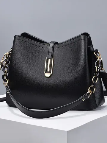 Dames Minimalistische PU Leer Emmer Tas Litchi Korrel Goud Metalen Gesp Ketting Crossbody Schoudertas Casual Dagelijkse Handtas