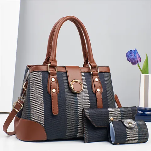 Damen Mode Gestreift PU Patchwork Handtasche Tote Umschlag Clutch und Schlüsseltasche Passendes Taschenset Retro Lässige Schulter Umhängetasche