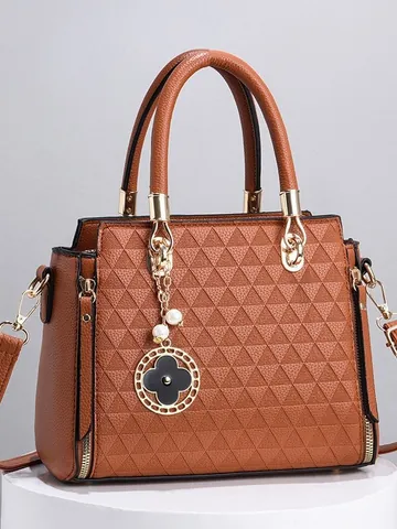 Women's PU Leather Tote Handbag Geometric Triangle Embossed Large Capacity Shoulder Bag With Clover Pendant Elegant Crossbody Bag For lady