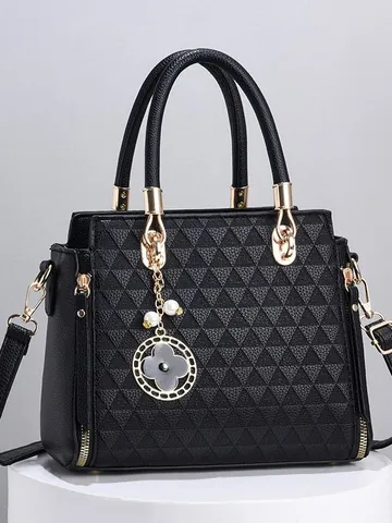 Women's PU Leather Tote Handbag Geometric Triangle Embossed Large Capacity Shoulder Bag With Clover Pendant Elegant Crossbody Bag For lady