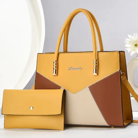 Women PU Leather Tote Bag And Matching Wallet V-Shaped Color Block Stitching Shoulder Bag Elegant Handbag