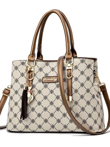 Damen Retro PU Leder Tote Tasche Große Kapazität Floral Monogramm Druck Schulter Umhängetasche Mit Katze Anhänger Quaste Büro Tasche