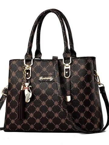 Damen Retro PU Leder Tote Tasche Große Kapazität Floral Monogramm Druck Schulter Umhängetasche Mit Katze Anhänger Quaste Büro Tasche