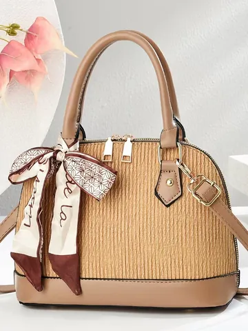 Women Fashion Pleated PU Leather Shell Bag With Satin Scarf Decoration Elegant Large Capacity Handbag Shoulder Crossbody Bag For Daily Commute