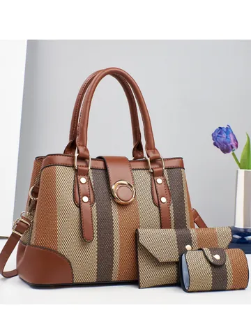 Women Handbag Set With Wallet And Coin Purse Stripe PU Leather Canvas Tote Bag For Mother Daily Office Elegant Shoulder Bag
