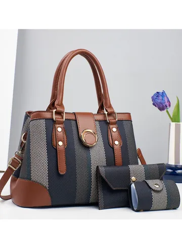 Women Handbag Set With Wallet And Coin Purse Stripe PU Leather Canvas Tote Bag For Mother Daily Office Elegant Shoulder Bag