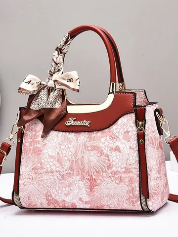 Women Retro PU Leather Handbag Elegant Floral Embroidery Tote With Silk Scarf Decor Large Capacity Shoulder Crossbody Bag