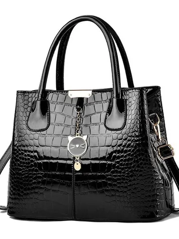 Borsa a Mano da Donna in Pelle PU Lucida con Motivo Coccodrillo Borsa Tote Grande Capacità Con Ciondolo Gatto Tracolla