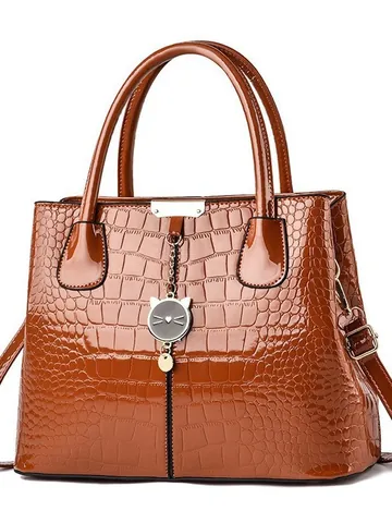 Borsa a Mano da Donna in Pelle PU Lucida con Motivo Coccodrillo Borsa Tote Grande Capacità Con Ciondolo Gatto Tracolla