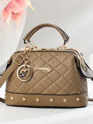 Women Quilted Rhombus PU Leather Handbag Rivet Decor Pillow Shoulder Bag With Heart Charm Crossbody Purse Elegant Satchel