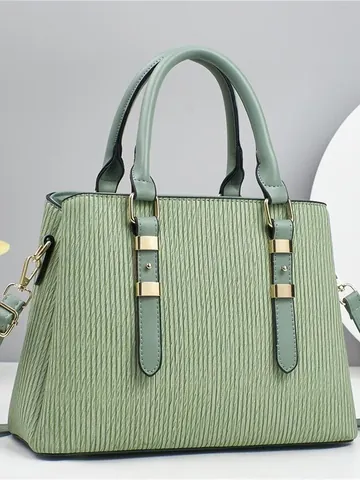 Women's Large Capacity PU Leather Tote Bag Vertical Pleated Texture Commuter Shoulder Handbag With Gold Hardware Fashion