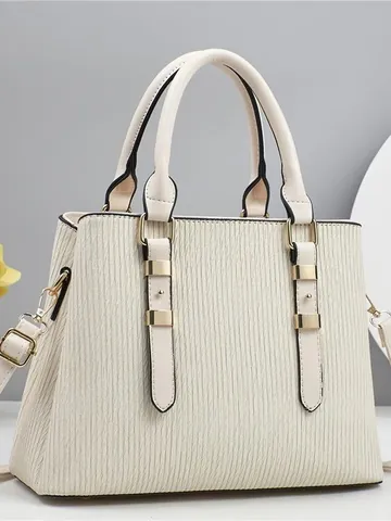 Women's Large Capacity PU Leather Tote Bag Vertical Pleated Texture Commuter Shoulder Handbag With Gold Hardware Fashion