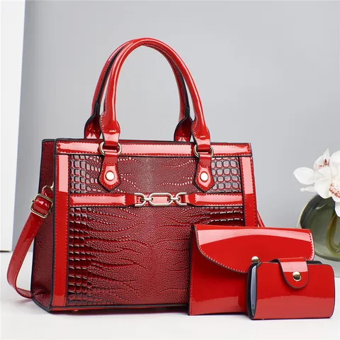 Women Elegant Croc Pattern PU Patent Leather Tote Handbag With Envelope Clutch And Pouch Gold Hardware Office Lady Bag Set