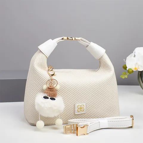 Women Woven Texture PU Leather Shoulder Bag With Plush Monster Charm Small Crossbody Handbag For Daily Shopping Lady Gift