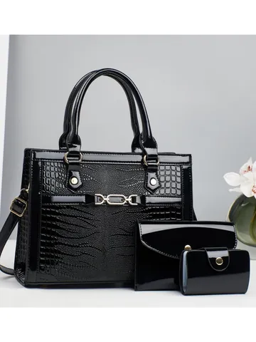 Women 3-Piece Patent Leather Crocodile Pattern Handbag Set Large Capacity Tote Bag With Clutch Purse And Card Holder Gold Hardware