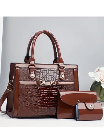 Women 3-Piece Patent Leather Crocodile Pattern Handbag Set Large Capacity Tote Bag With Clutch Purse And Card Holder Gold Hardware