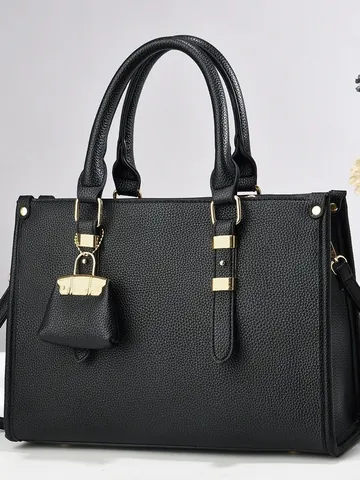 Dames Grote Capaciteit Tote Bag Litchi Korrel PU Leer Handtas Met Mini Hanger Woon-Werkverkeer Schoudertas Voor Dagelijks Gebruik