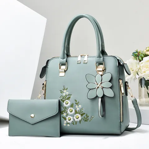Fashion Daisy Embroidered PU Leather Handbag And Wallet For Women Elegant Tote Bag With Flower Charm Daily Shoulder Bag