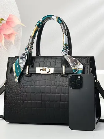 Elegante Bolso Tote de Cuero PU con Patrón de Cocodrilo para Mujer Bolso de Mano Grande con Bufanda de Satén Cierre Dorado