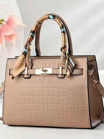 Elegante Bolso Tote de Cuero PU con Patrón de Cocodrilo para Mujer Bolso de Mano Grande con Bufanda de Satén Cierre Dorado