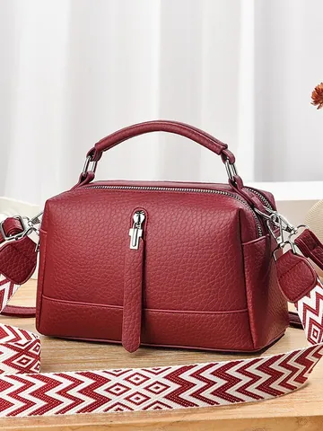 Women Fashion Lychee Pattern PU Leather Pillow Bag Large Capacity Solid Color Handbag Crossbody Bag With Wide Woven Strap