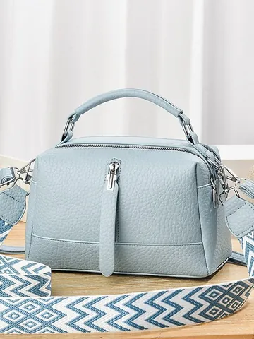 Women Fashion Lychee Pattern PU Leather Pillow Bag Large Capacity Solid Color Handbag Crossbody Bag With Wide Woven Strap