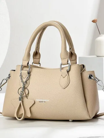 Women's Lychee Pattern PU Leather Tote Bag Large Capacity Minimalist Shoulder Handbag With Star Charm For Daily Commute