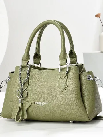Women's Lychee Pattern PU Leather Tote Bag Large Capacity Minimalist Shoulder Handbag With Star Charm For Daily Commute