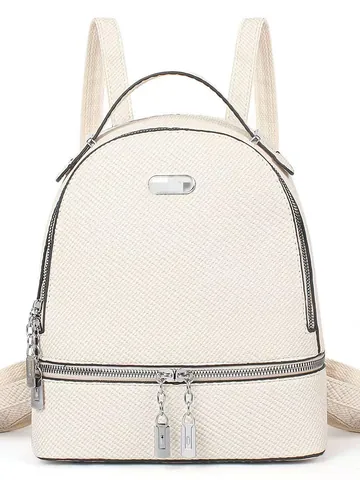 Fashion Women PU Leather Woven Texture Backpack Large Capacity Travel Daypack Lightweight School Bag with Metal Pendant