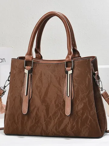 Women's Vintage PU Leather Tote Bag Wrinkled Texture Large Capacity Shoulder Handbag With Metal Decoration For Office Daily Casual Crossbody Bag