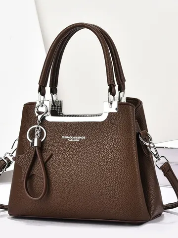 Women Litchi Pattern PU Leather Handbag With Star Charm Elegant Soft Tote Shoulder Crossbody Bag For Moms Daily Travel
