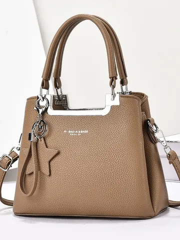 Women Litchi Pattern PU Leather Handbag With Star Charm Elegant Soft Tote Shoulder Crossbody Bag For Moms Daily Travel