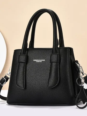 Minimalist PU Leather Litchi Grain Top Handle Bag For Women Multi Compartment Shoulder Crossbody Bag Casual Commuter Handbag