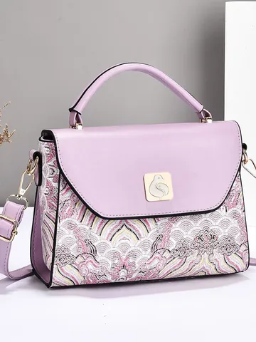 Borsa a Tracolla da Donna alla Moda in Pelle PU Ricamo Jacquard Orientale Fibbia per Uccelli Elegante Borsa a Mano
