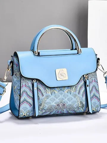 Borsa a Tracolla da Donna con Ricamo in Stile Cinese Pelle PU Motivo a Onde Vintage Borsa a Mano con Manico in Metallo per Uso Quotidiano