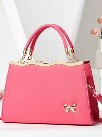 Elegant Bowknot Saffiano PU Leather Tote Bag For Women Gold Metal Wave Edge Large Capacity Shoulder Crossbody Bag Handbag