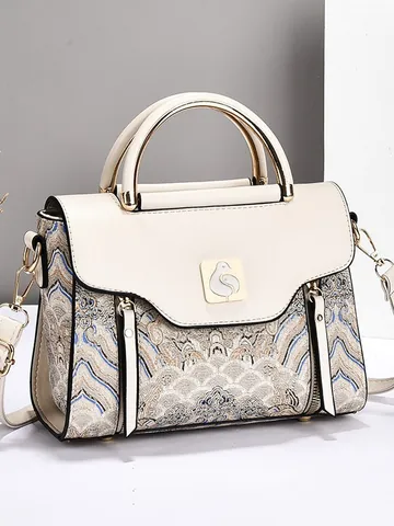 Borsa a Tracolla da Donna con Ricamo in Stile Cinese Pelle PU Motivo a Onde Vintage Borsa a Mano con Manico in Metallo per Uso Quotidiano