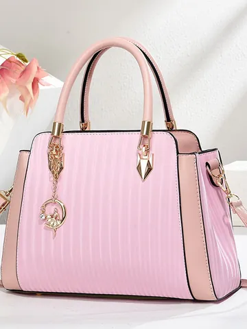 Women Fashion Pleated PU Leather Handbag Large Capacity Top Handle Bag With Ballet Dancer Charm Commuter Shoulder Bag