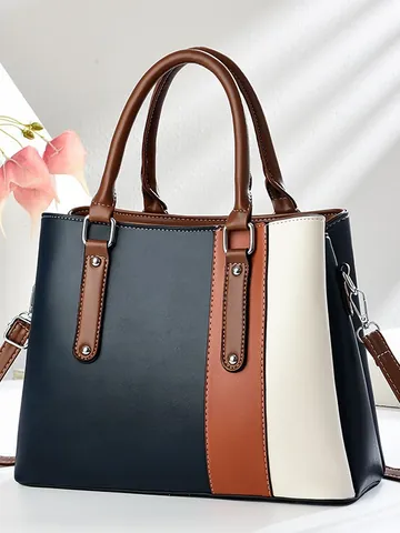 Sac à Main Femme Grande Capacité Patchwork de Couleurs Cuir PU Sac à Épaule Navette Sac Bandoulière Avec Poignée