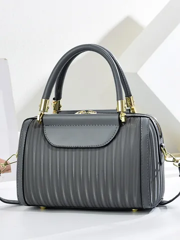 Women Vertical Textured PU Leather Boston Handbag Large Capacity Commuter Shoulder Pillow Bag With Gold Hardware