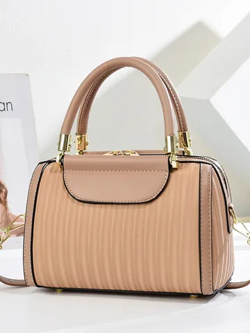 Women Vertical Textured PU Leather Boston Handbag Large Capacity Commuter Shoulder Pillow Bag With Gold Hardware