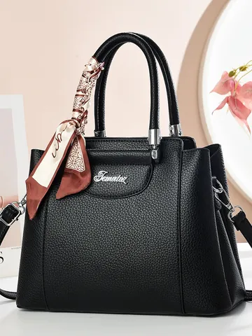 Modische PU-Leder Handtasche Mit Kieselstruktur Für Damen Minimalistisch Großes Fassungsvermögen Top-Griff-Tasche Mit Seidenschal Dekoration