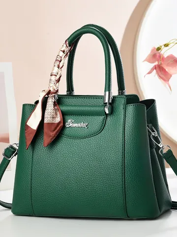 Modische PU-Leder Handtasche Mit Kieselstruktur Für Damen Minimalistisch Großes Fassungsvermögen Top-Griff-Tasche Mit Seidenschal Dekoration