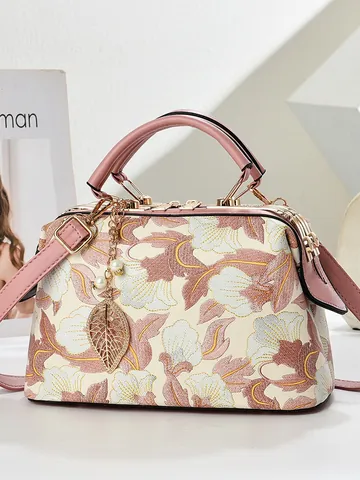 Vintage Κινεζικό Στυλ Floral Κέντημα Γυναικεία Τσάντα Χειρός PU Δερμάτινη Τσάντα Μαξιλάρι Με Μεταλλικό Μενταγιόν Φύλλο Κομψή Τσάντα Ώμου