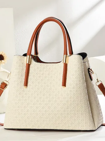 Women Elegant Woven Texture PU Leather Handbag Large Capacity Vintage Tote Shoulder Bag For Daily Office Commute Gift