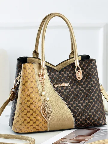 Women Monogram Contrast Color PU Leather Handbag Large Capacity Top Handle Bag With Leaf Pendant Elegant Shoulder Satchel Bag